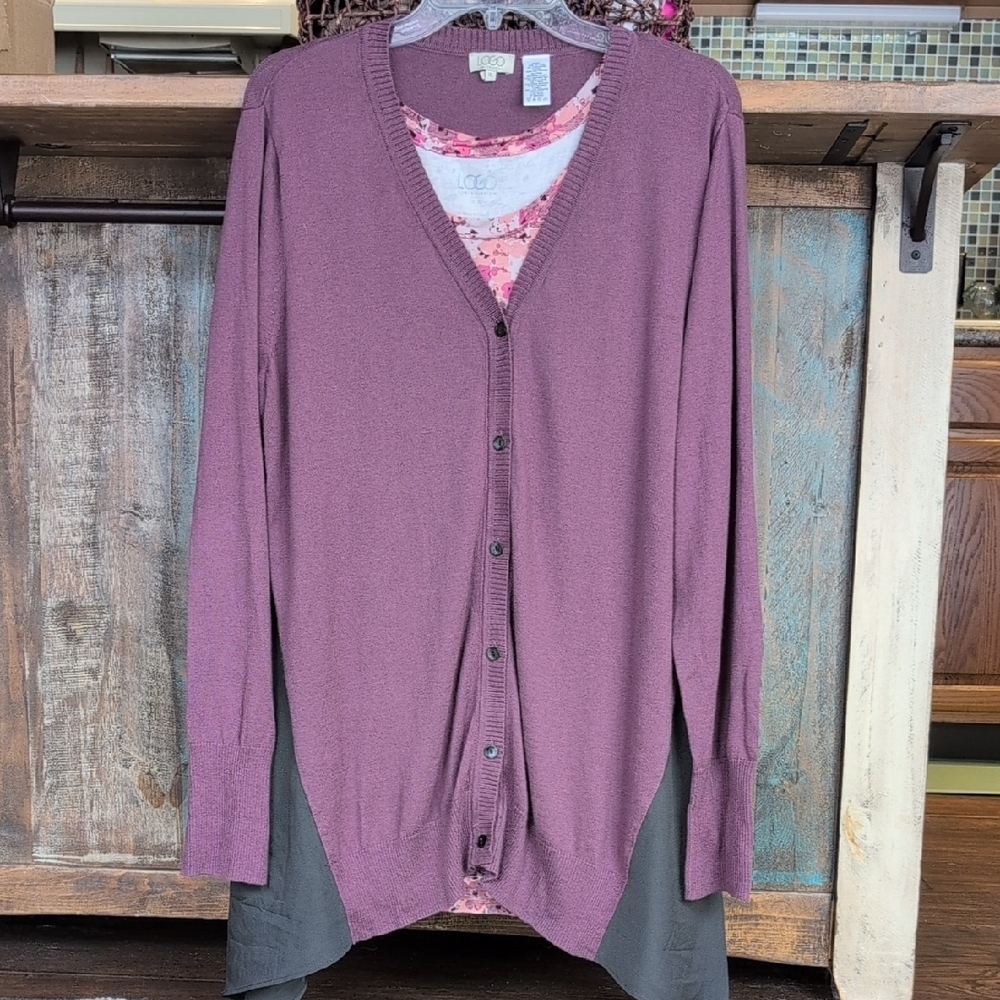 LOGO By Lori Goldstein Floral Tank Top & Purple Cardigan Bundle - Women's XL